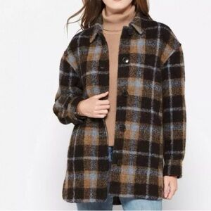 Madewell Blue and Brown Plaid Teddy Shacket jacket NWT